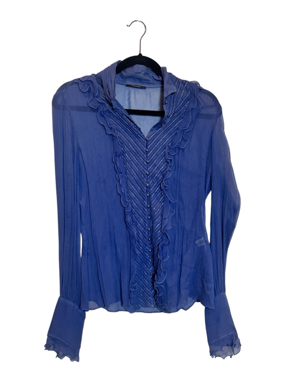 Elie Tahari Dusty Blue Silk Ruffled Romantic Button-Front Blouse